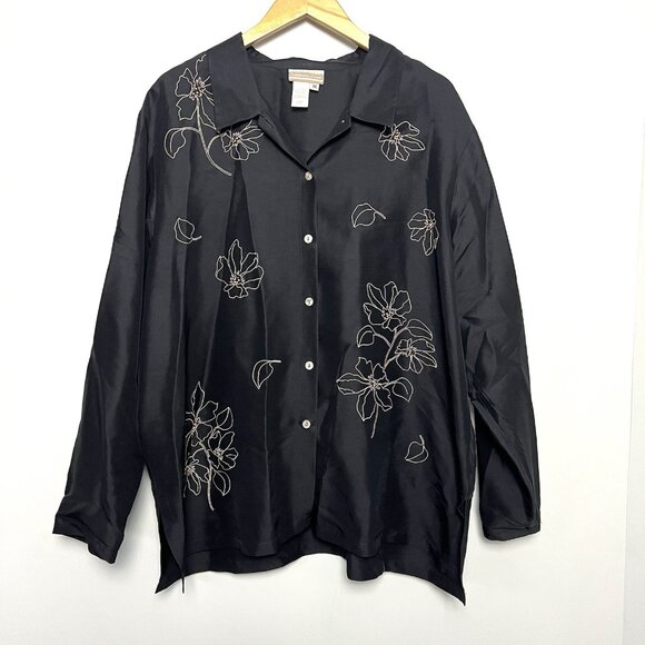 Women’s Coldwater Creek Black Silk Blouse sz XXL Embrpidered Beaded Quiet Luxury - Picture 1 of 9